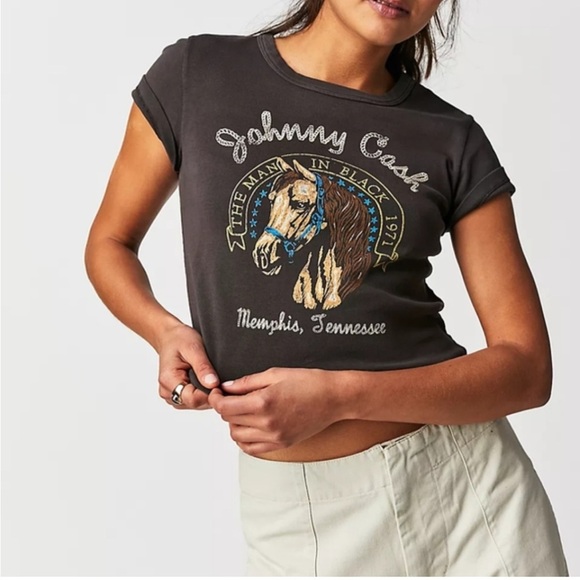 DAYDREAMER Johnny Cash 71 Tour Tee Brown Free People Cotton Band Shirt Sz M